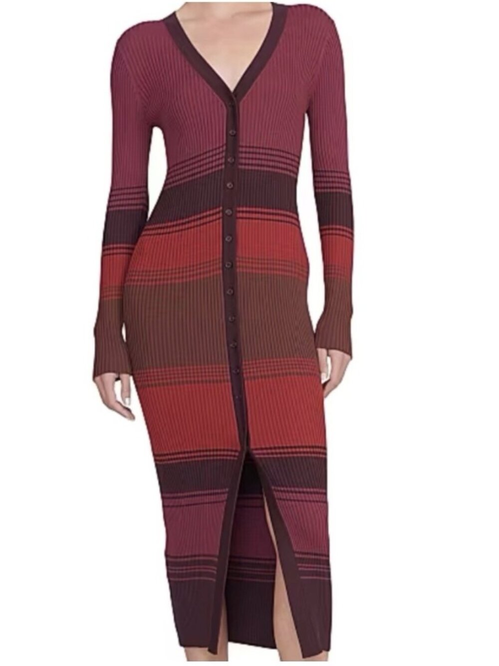 STAUD New Authentic Shoko Knit Sweater Dress Burgundy Stripe Ribbed Midi Medium